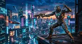 Humanoid robot in dynamic pose amidst neon-lit futuristic cityscape at dusk, with sleek skyscrapers and cybernetic atmosphere.