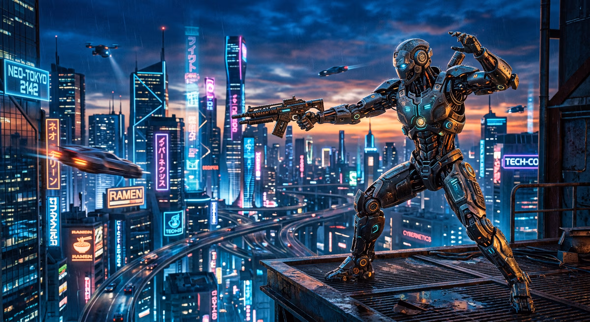 Humanoid robot in dynamic pose amidst neon-lit futuristic cityscape at dusk, with sleek skyscrapers and cybernetic atmosphere.