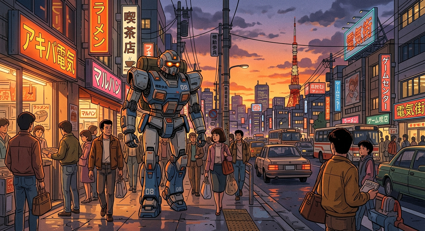 1980幎代æ±äº¬ã®ã¬ããã¢ãã¡é¢šæ¯ãå€çŒãã®äžã§ãããããšäººã
ãå
±åããæªæ¥çãªéœåžã·ãŒã³ã